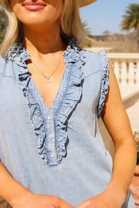 The Savannah Ruffle Sleeveless Top - Denim