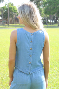 Breezy Bay Back Button Top - Chambray