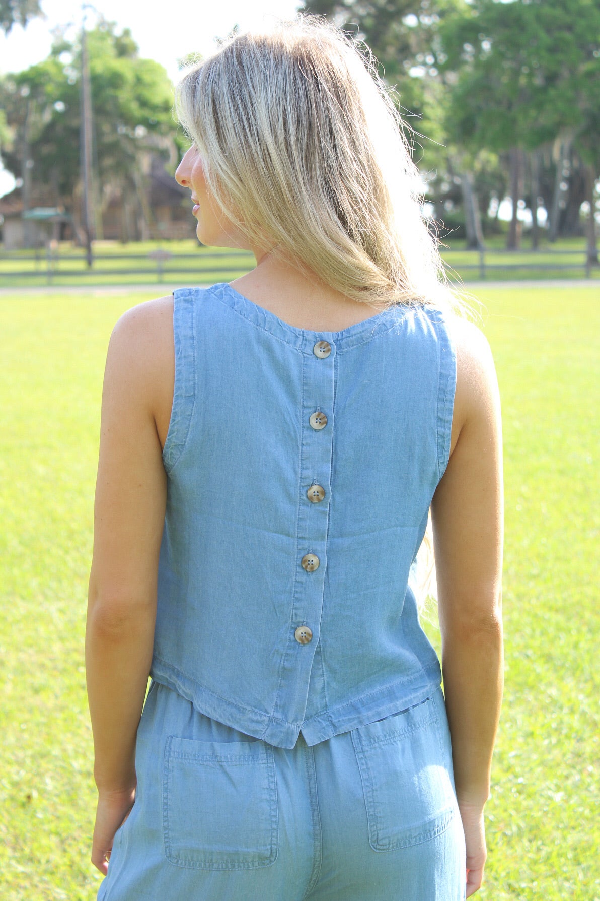 Breezy Bay Back Button Top - Chambray