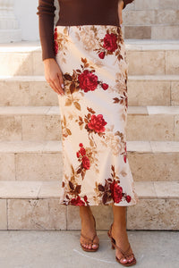 Harvest Romance Floral Midi Skirt - Khaki Multi