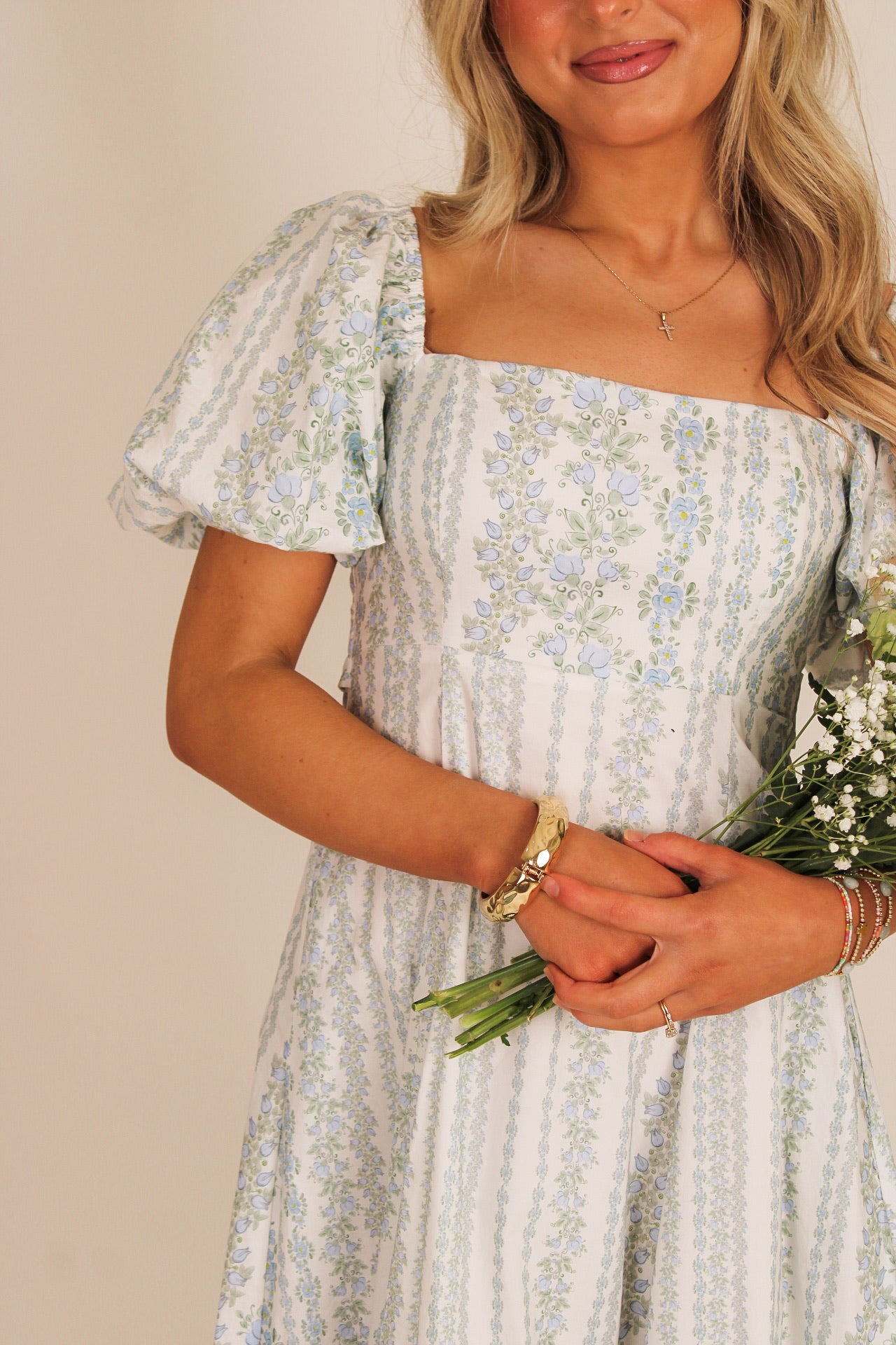 Sweet Moments Floral Print Puff Sleeve Midi Dress -Blue