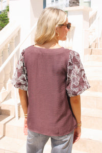 Full Bloom Embroidered Puff Sleeve Top - Brown