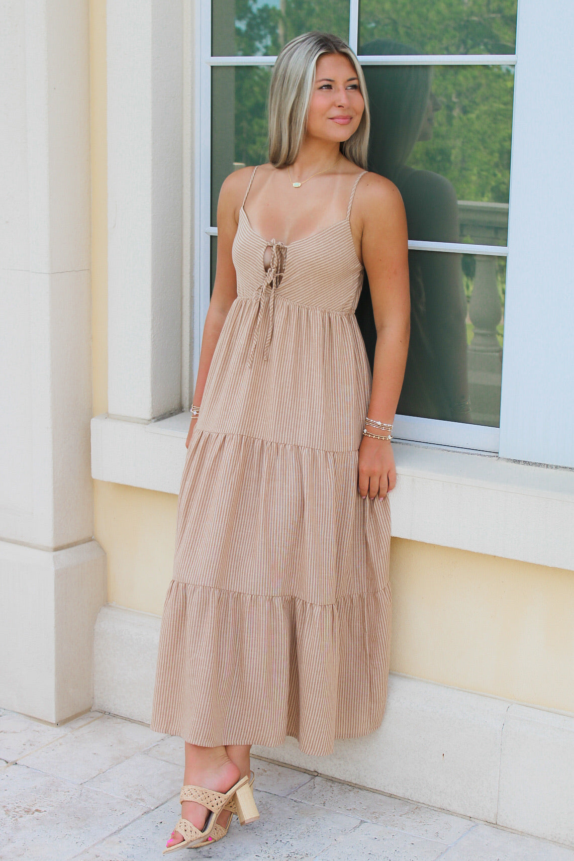 Catching Sunshine Cut Out Tiered Midi Dress - Khaki