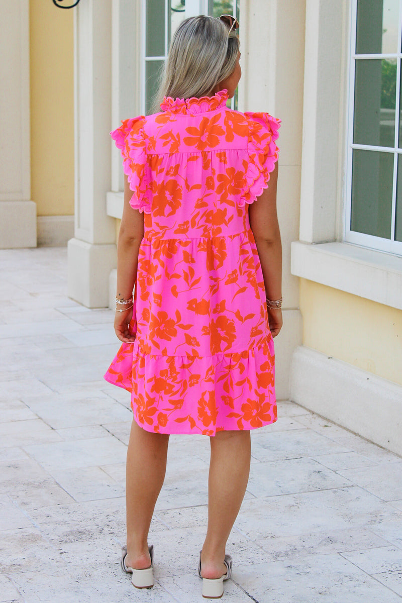 Summer Bliss Ruffle Sleeve Mini Dress - Pink/Orange