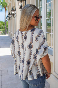 On The Go Geometric Pattern Top - Tan/Navy