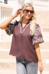Full Bloom Embroidered Puff Sleeve Top - Brown