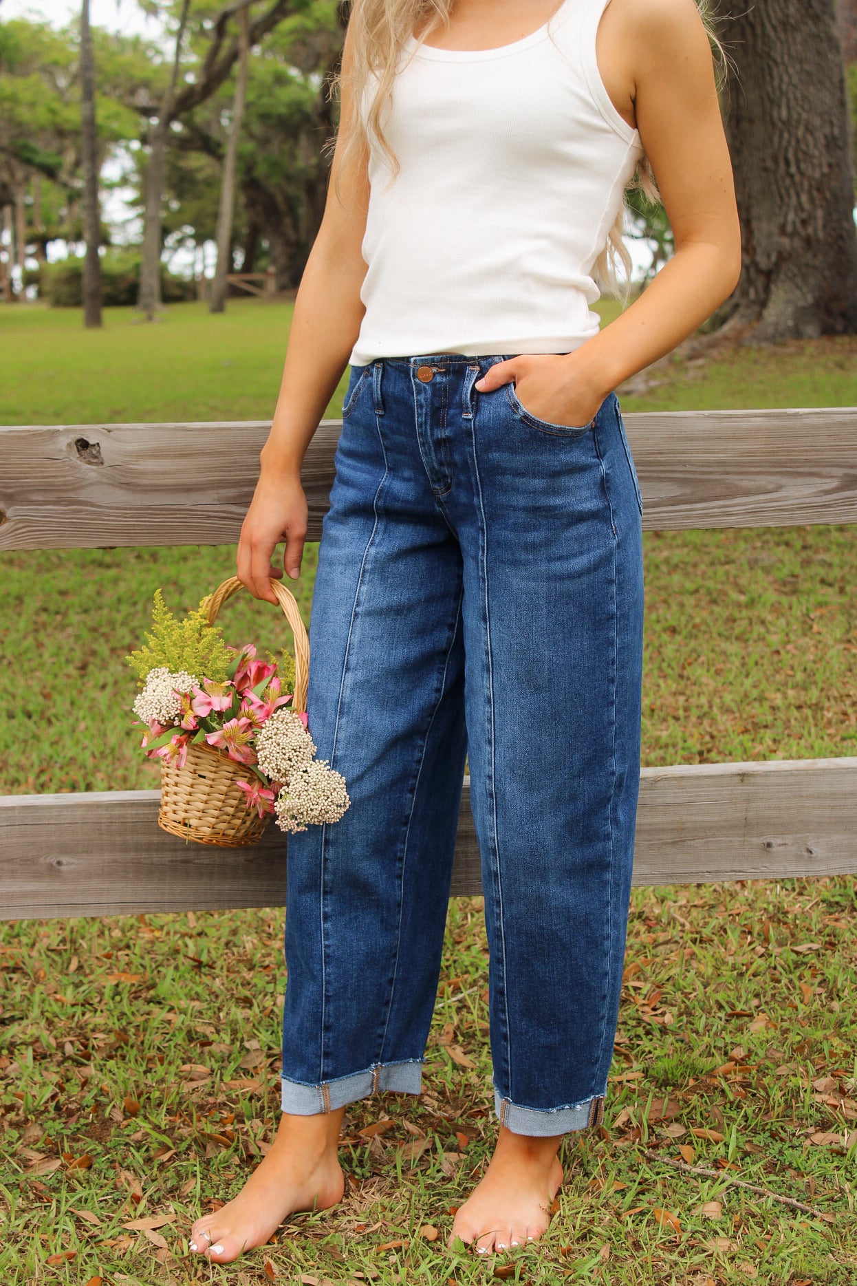 Rachael High Rise Barrel Cuff Jeans - Dark Wash