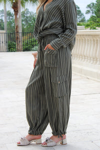 Autumn Striped Cargo Pants - Olive
