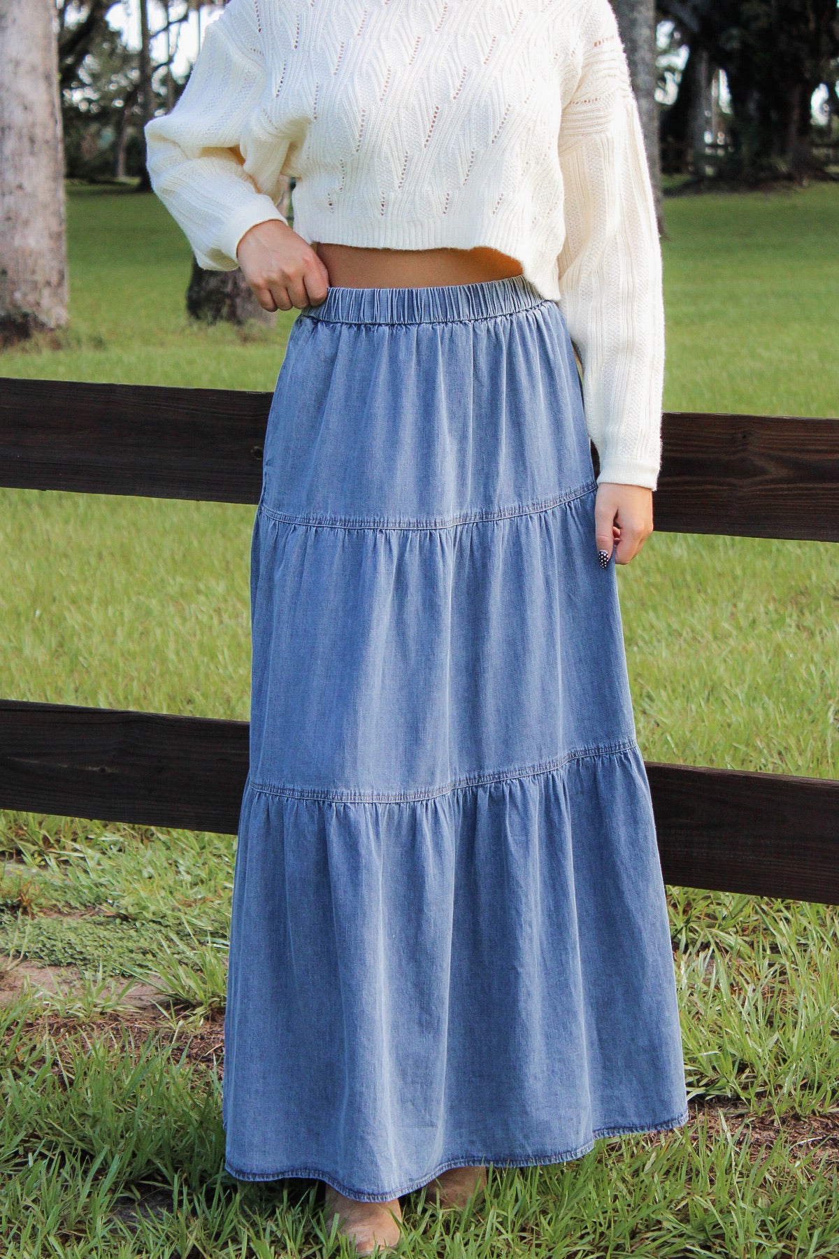 Southern Charm Tiered Maxi Skirt - Med Wash
