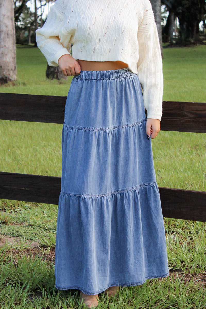 Southern Charm Tiered Maxi Skirt - Med Wash