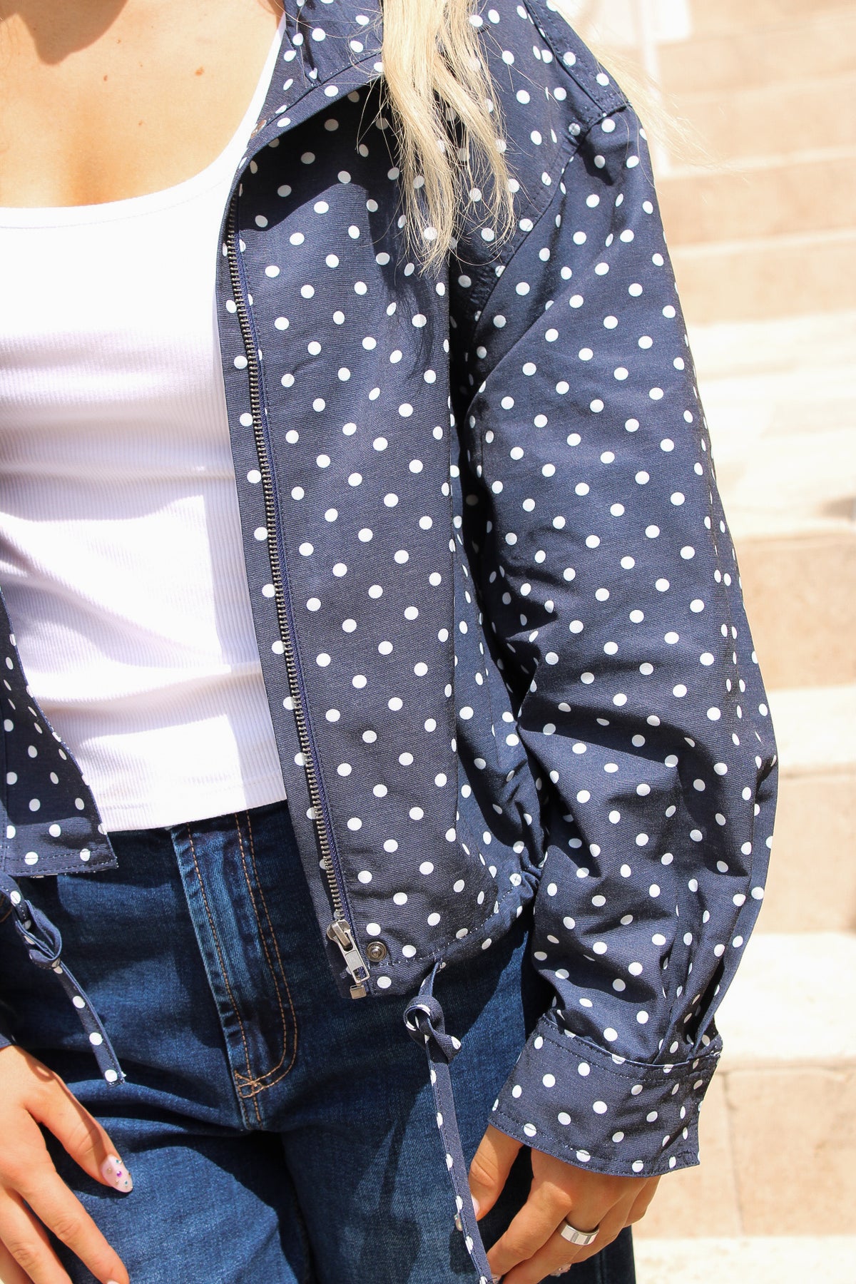 Style Status Polka Dot Zipper Jacket - Navy