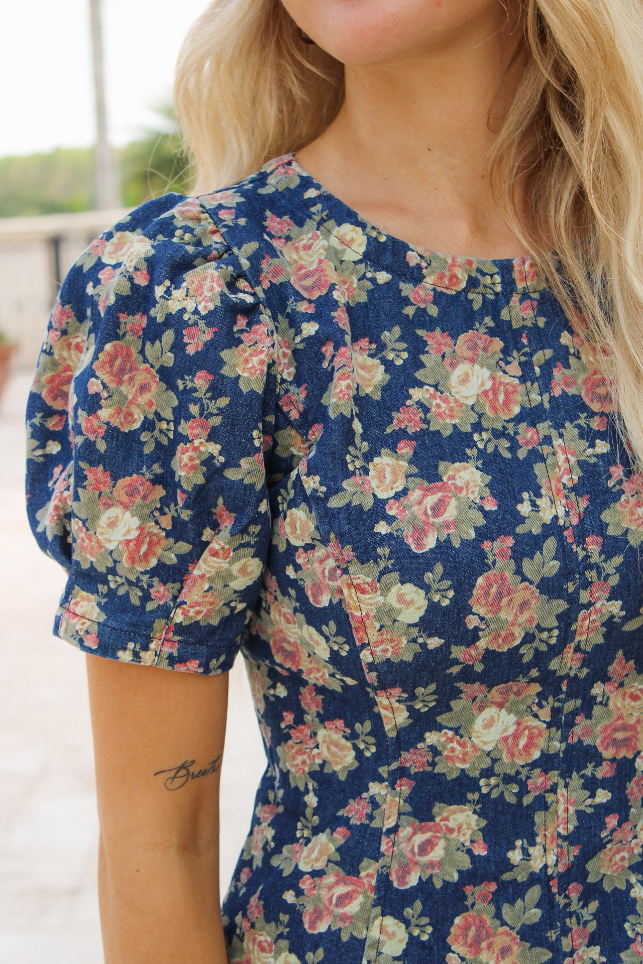 Meadow Lane Puff Sleeve Mini Dress - Denim Multi