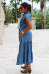 The Lila Tiered V-Neck Midi Dress - Med Wash