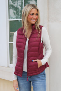 Fall In Love Light Weight Padded Vest - Burgundy
