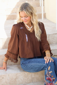 Delicate Intentions Lace Trim Top - Brown