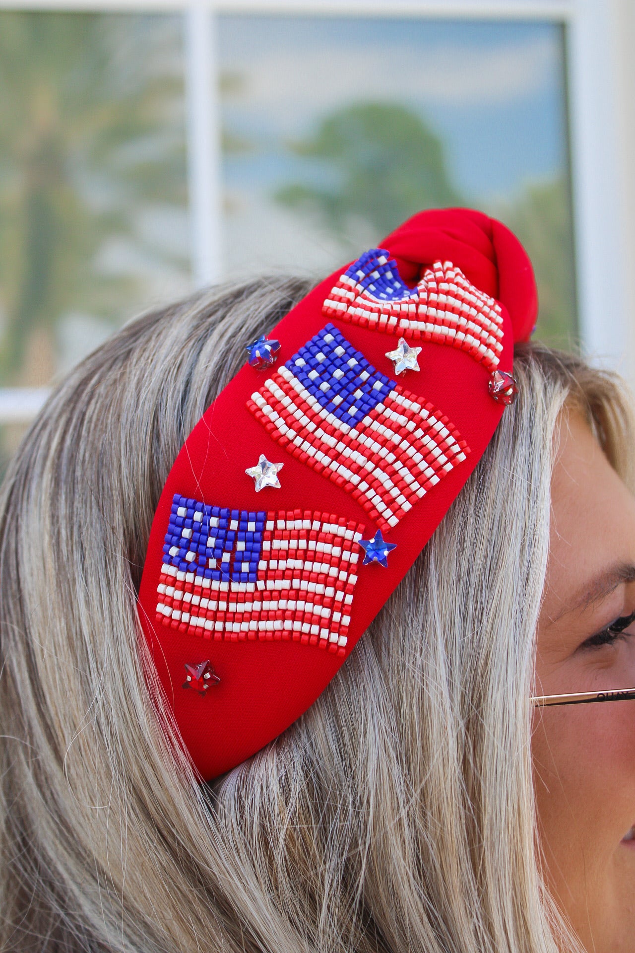American Flag Beaded Headband - Red