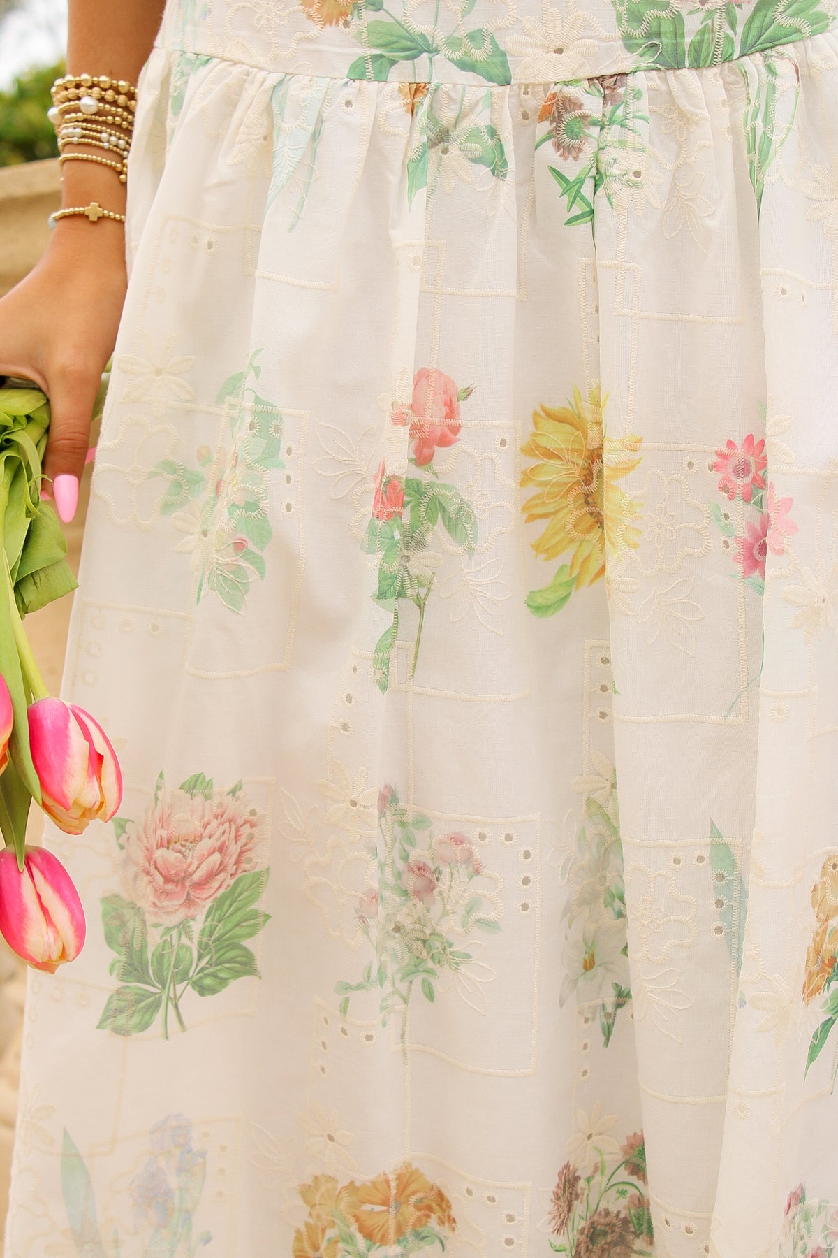 Spring Meadows Floral Printed Midi Skirt - Cream