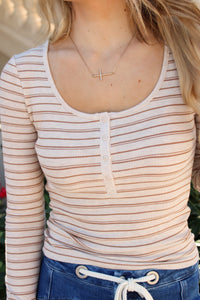 Z Supply: Andie Striped Henley Top - Lt Heather Oatmeal