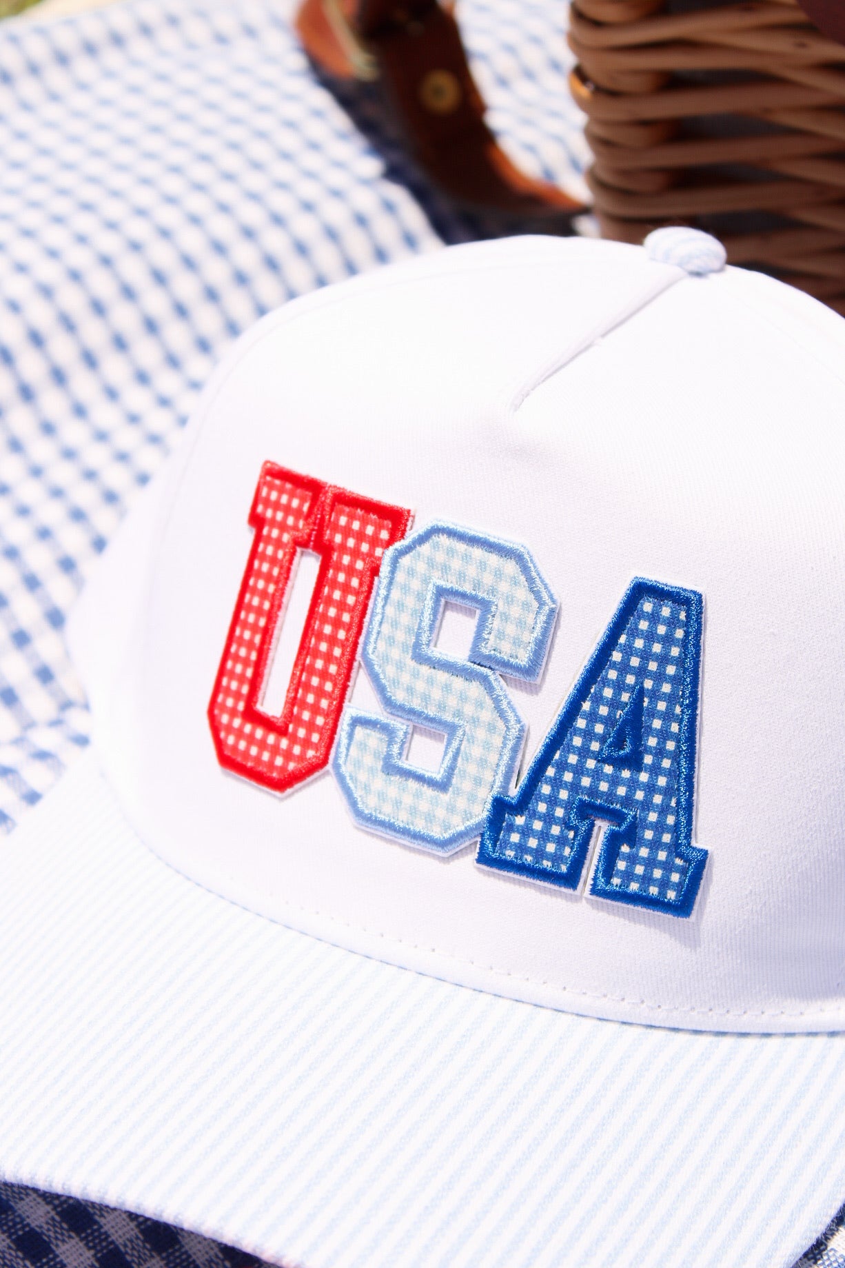 USA Gingham Letter Striped Hat - White