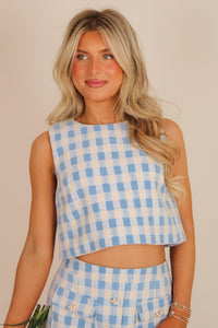 Sweet Escape Textured Plaid Crop Top - Blue