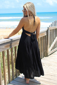 Summer Strolls Halter Neck Tie Midi Dress - Black