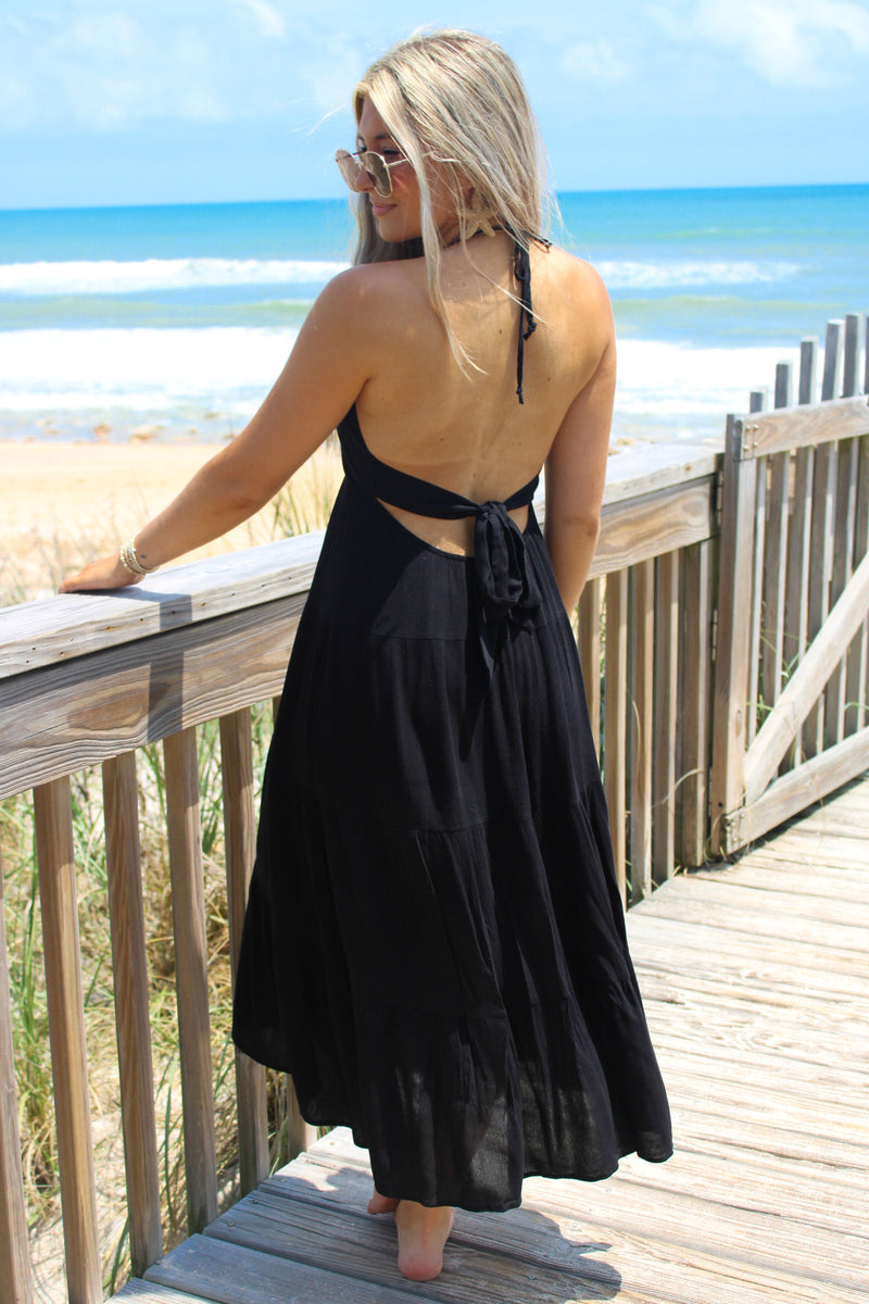 Summer Strolls Halter Neck Tie Midi Dress - Black