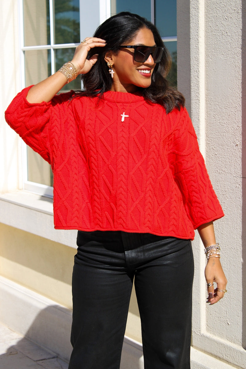Cozy Farmhouse Cable Knit Sweater - Red