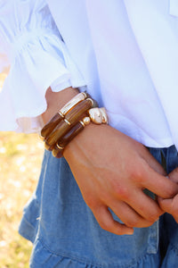 Pebble Shape Cylinder Bracelet Set - Brown
