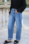 Lianna High Rise Crop Barrel Cuffed Jeans - Med Wash