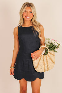 The Nantucket Linen Mini Dress With Scallop Hem - Navy