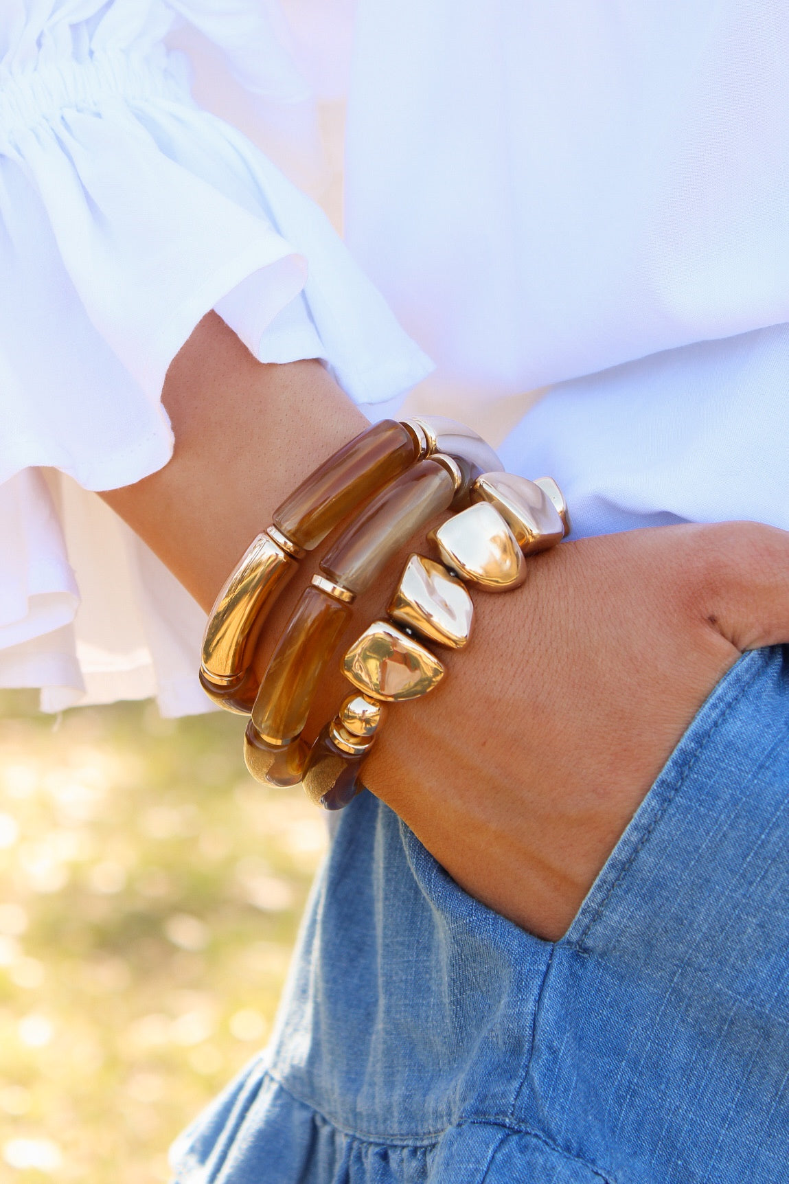 Pebble Shape Cylinder Bracelet Set - Brown
