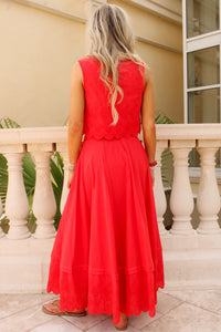 Summer Freedom Eyelet Midi Skirt - Red