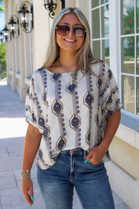 On The Go Geometric Pattern Top - Tan/Navy
