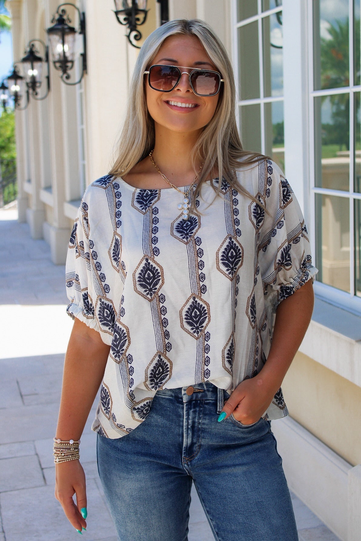 On The Go Geometric Pattern Top - Tan/Navy