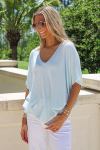 Sunny Days V-Neck Button Down Top - Powder Blue