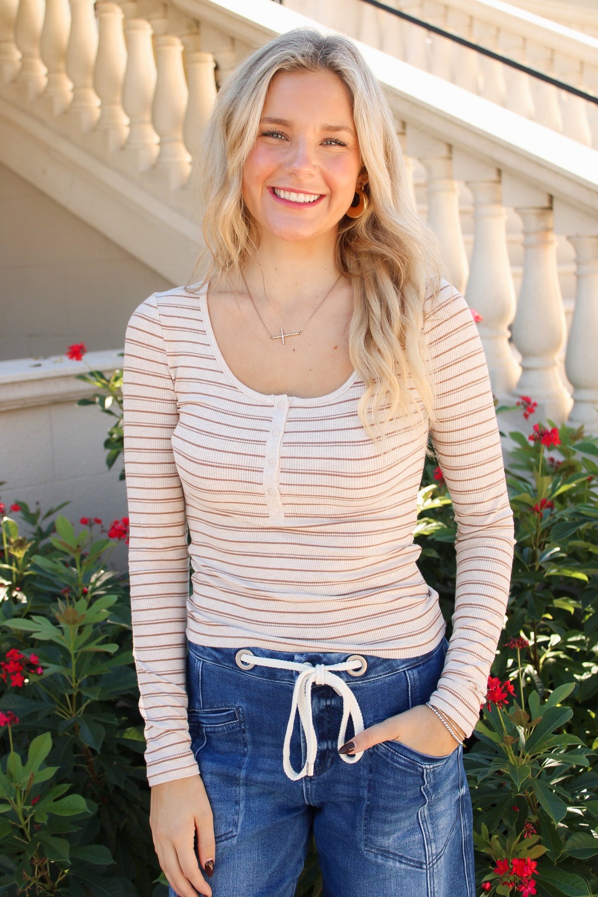 Z Supply: Andie Striped Henley Top - Lt Heather Oatmeal