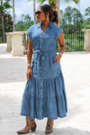 The Lila Tiered V-Neck Midi Dress - Med Wash