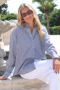 Z Supply: The Gallery Striped Button Up Top - Oxford Blue