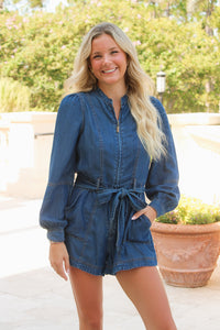 The Main Event Denim Romper - Dark Wash