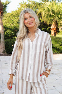 Z Supply: The Perfect Linen Stripe Button Up- Lt Toffee