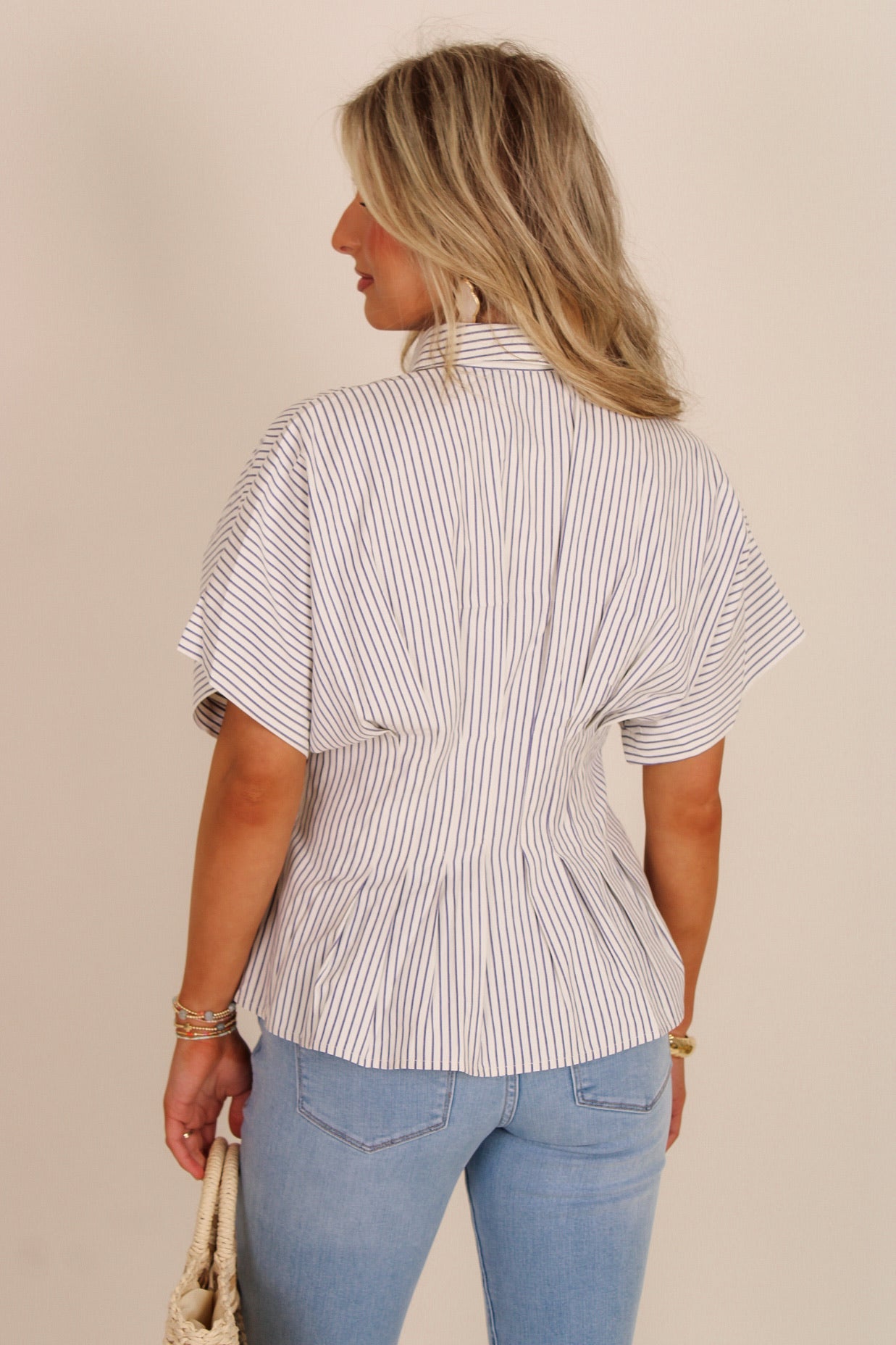 The Tailored Tide Pleated Button Down Top - Blue