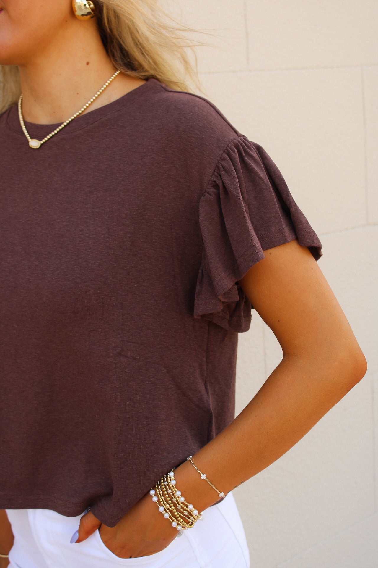 Sadie & Sage: Delphine Ruffle Sleeve Top - Brown