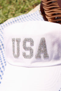 USA Rhinestone Hat - White