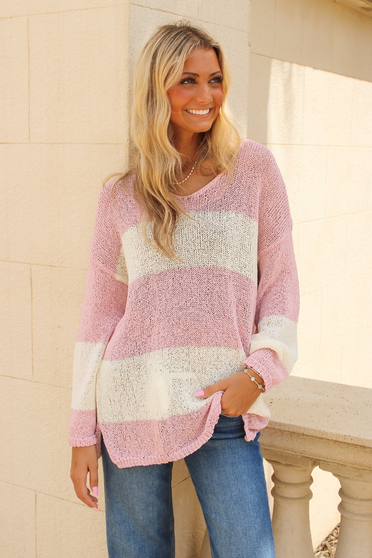 Sadie & Sage: Helen Stripe Sweater - Pink Ivory