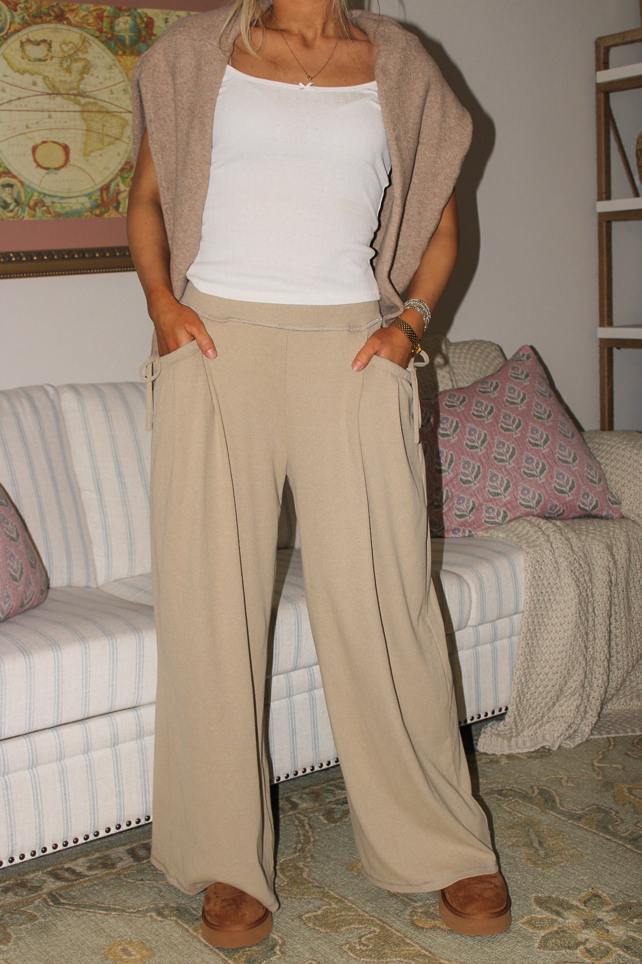 Sunday Escape Wide Leg Ribbed Pants - Taupe
