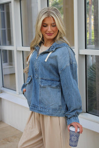 All Day Hooded Denim Jacket - Med Wash