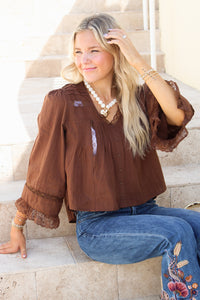 Delicate Intentions Lace Trim Top - Brown
