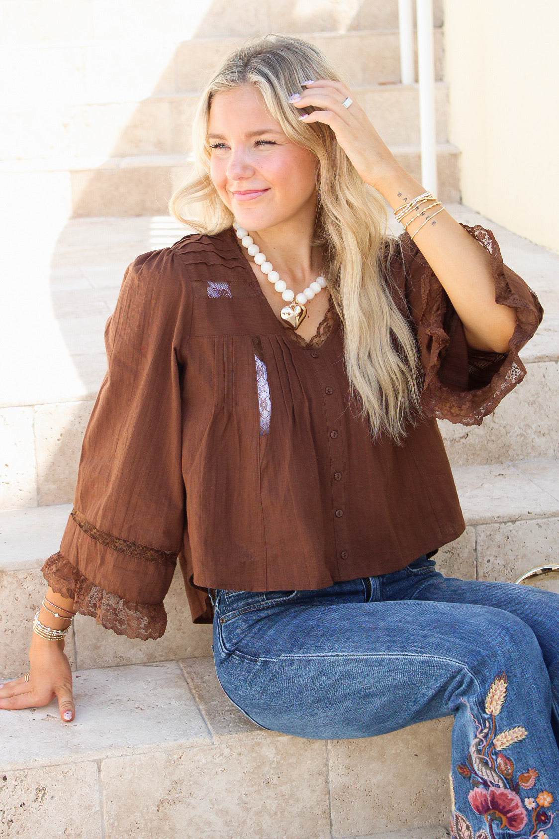 Delicate Intentions Lace Trim Top - Brown