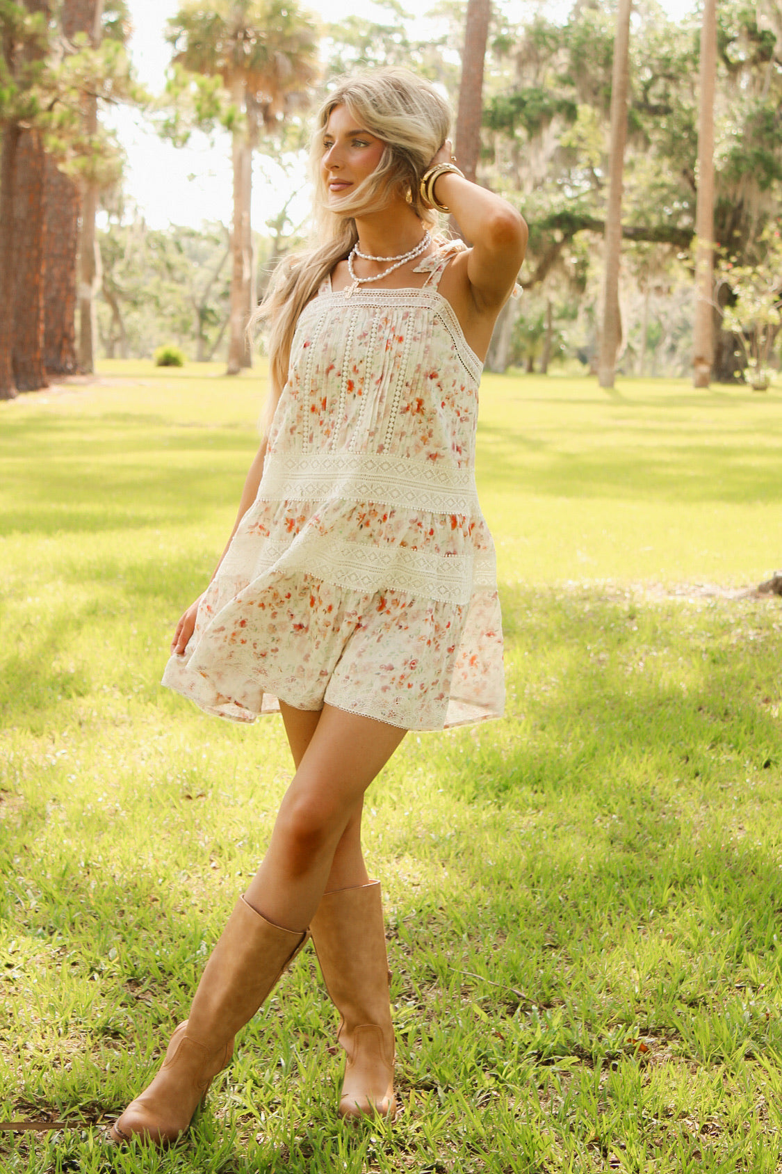 Sadie & Sage: Rosita Lace Trim Mini Dress - Cream Multi