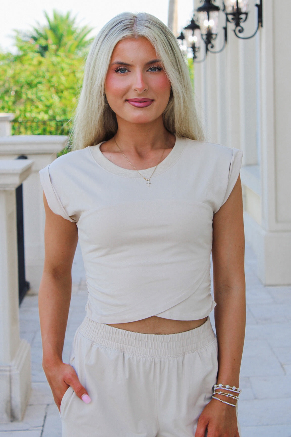 Keepin' It Trendy Mineral Washed Wrap Top - Bone